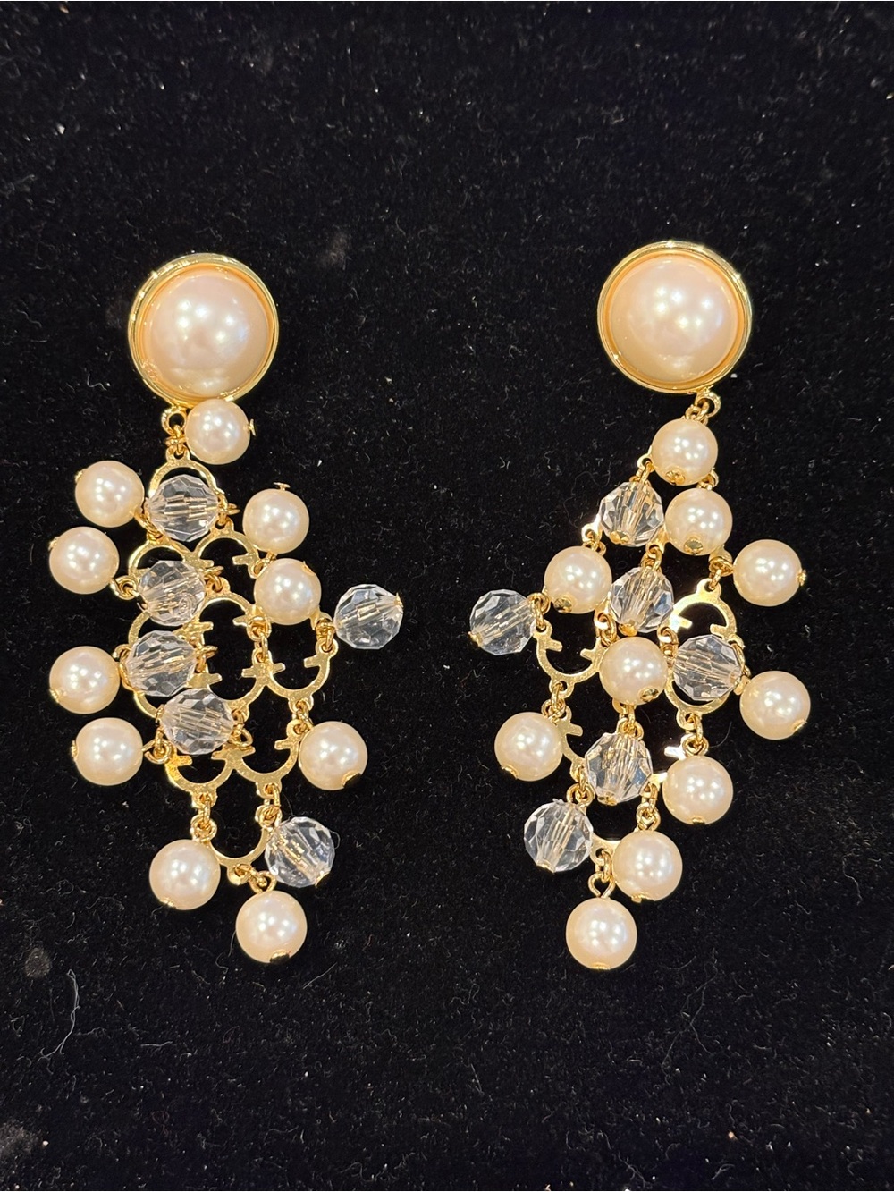 Vintage Avon Gold Pearl and Crystal Dangle Earrings Stainless Steel NOS